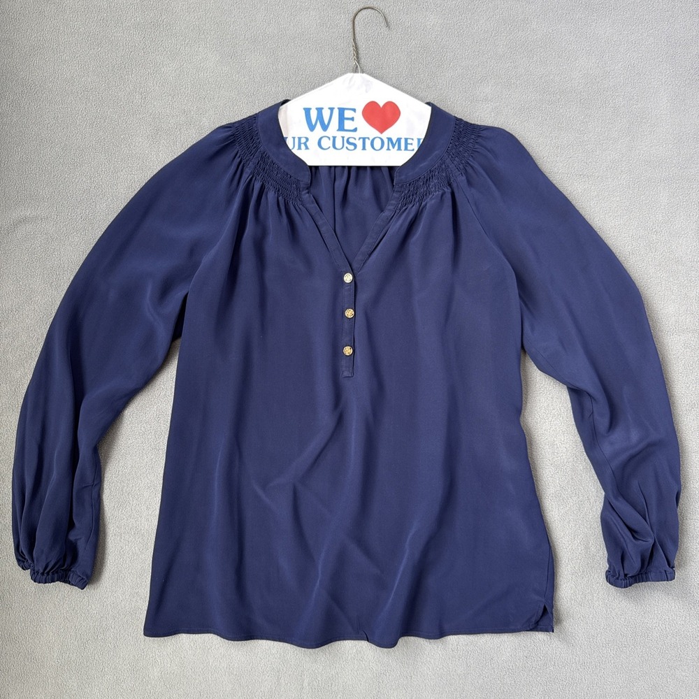 Lilly Pulitzer Elsa Top Womens Medium Blue Silk Long Sleeve Preppy Formal Blouse